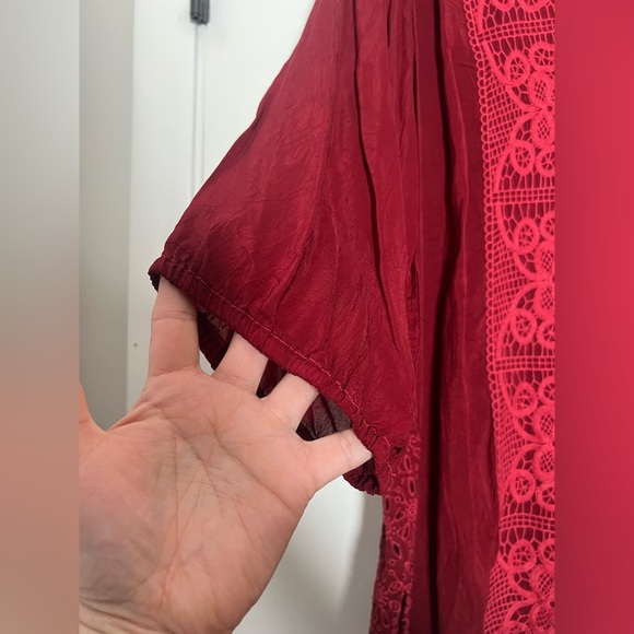Johnny Was Tunic Blouse Tonal Solid Red Lace Embroidery Short Sleeve Size Large - Picture 4 of 7